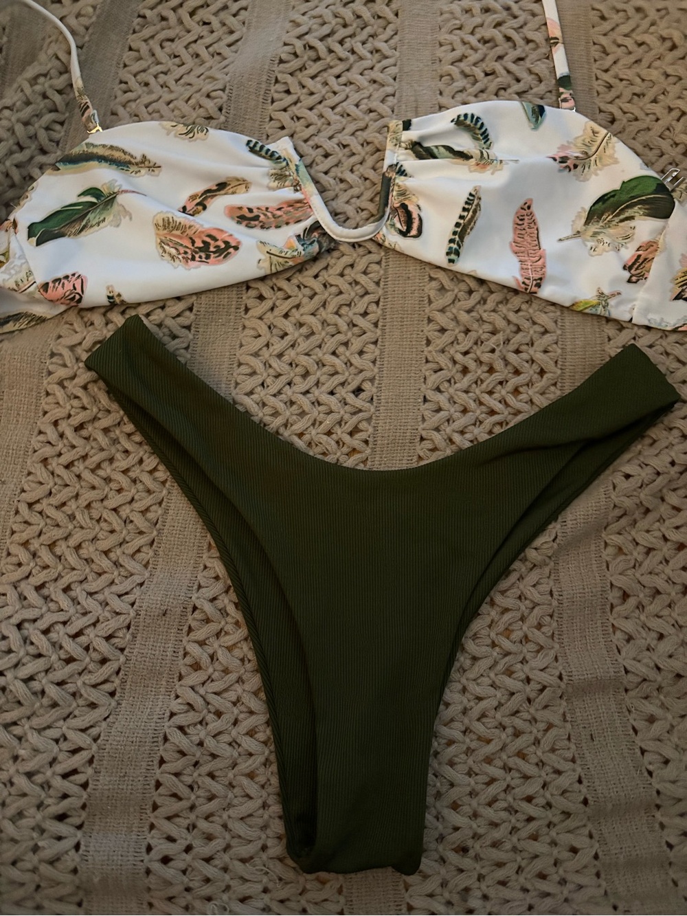 Feather Print White Bandeau Bikini Top & Olive Green High and Brown bottoms